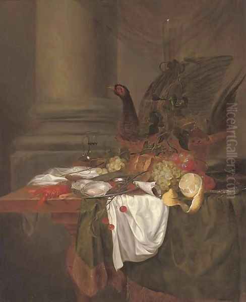 Pheasant pie, grapes, a partly-peeled lemon, oysters on a pewter dish, cherries, shrimp and a langoustine on a partly-draped table Oil Painting by Jan Davidsz. De Heem