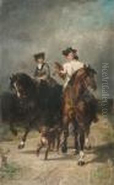 Couple A Cheval Chassant Au Faucon Oil Painting by John Lewis Brown