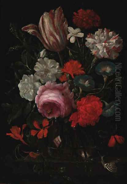 Roses, carnations, convolvulus and a tulip with insects and a snail on a ledge Oil Painting by Jan Davidsz. De Heem