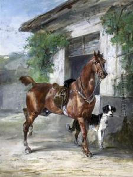 Hunter And Hound Beside A Stable Door Oil Painting by John Lewis Brown