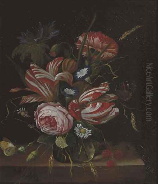 A pink rose, tulips, carnations and other flowers with red berries and butterflies in a glass vase, on a ledge Oil Painting by Jan Davidsz. De Heem