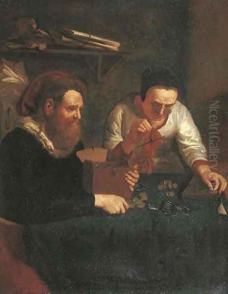 An old woman counting money for a gentleman Oil Painting by Jan Josef, the Elder Horemans