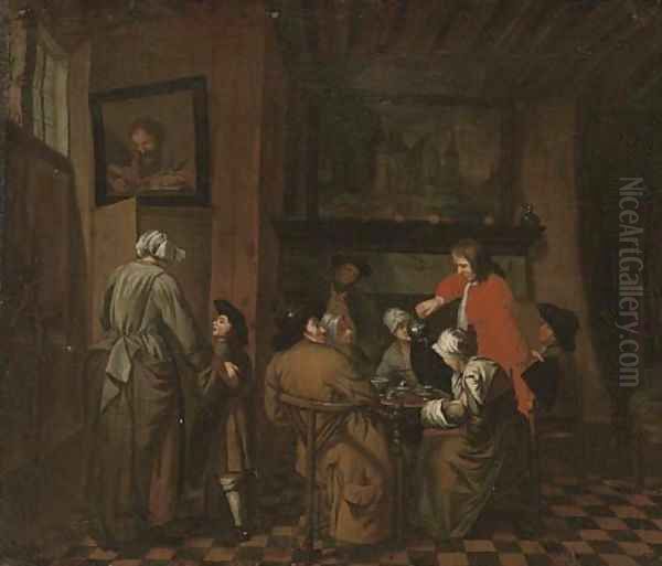 An interior with men and women drinking tea Oil Painting by Jan Josef, the Elder Horemans