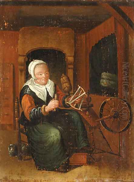 An old Lady Spinning in an Interior Oil Painting by Jan Josef, the Elder Horemans