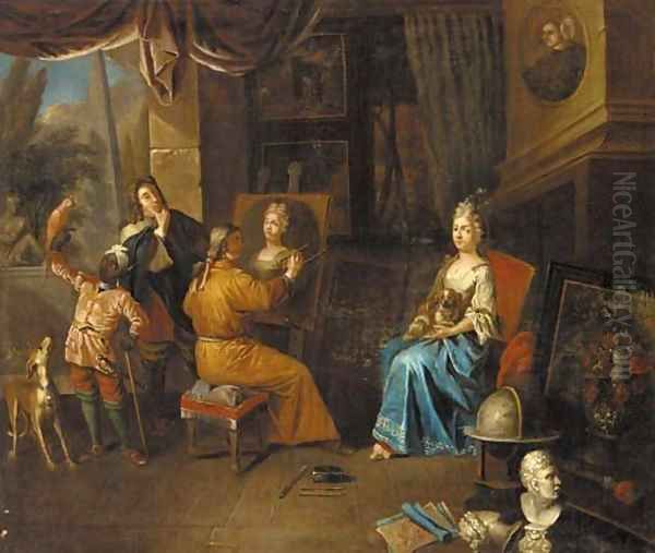 An artist in a studio painting a portrait of a lady Oil Painting by Jan Josef, the Elder Horemans