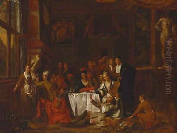 Elegant company feasting and making music in an interior Oil Painting by Jan Josef, the Elder Horemans