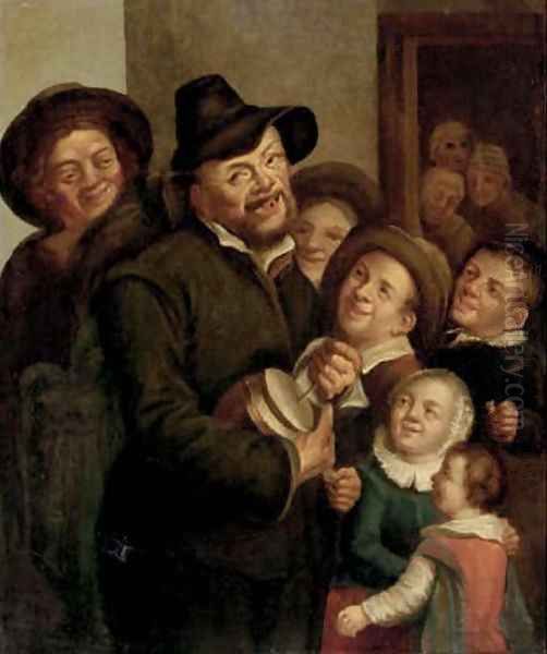 A man playing a rommelpot to a crowd Oil Painting by Jan Josef, the Elder Horemans