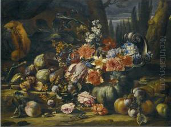 A Still Life With Flowers In A 
Silver Fruit Dish, Melons, Peaches,apples, Plums, Roses And Figs On A 
Rocky Bank Oil Painting by Abraham Brueghel