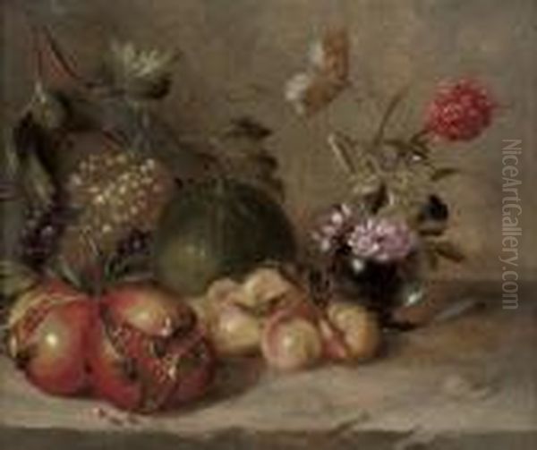 Pomegranates, Grapes, Peaches 
And A Melon, With Peonies In A Glass Vase On A Stone Ledge, With A 
Butterfly And A Snail Oil Painting by Abraham Brueghel