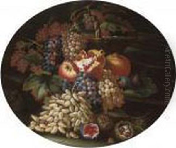 A Basket Of Grapes, Pomegranates, Figs And Chestnuts At The Base Of Classical Column Oil Painting by Abraham Brueghel