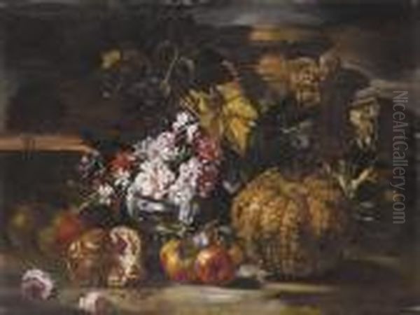 Rose E Garofani In Un Vaso D'argento Con Uva E Melograne Su Sfondodi Paesaggio Oil Painting by Abraham Brueghel