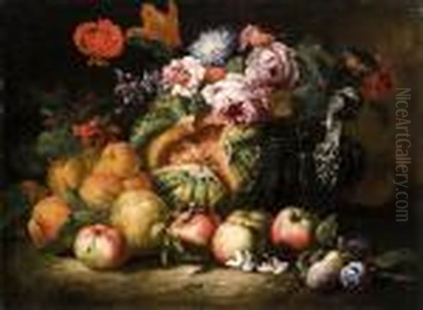 Rose, Altri Fiori, Mele, Un 
Limone, Una Zucca E Altri Frutti Su Un Piano Di Pietra, Con Un Vaso 
D'argento Ornato Da Un Mascherone Oil Painting by Abraham Brueghel