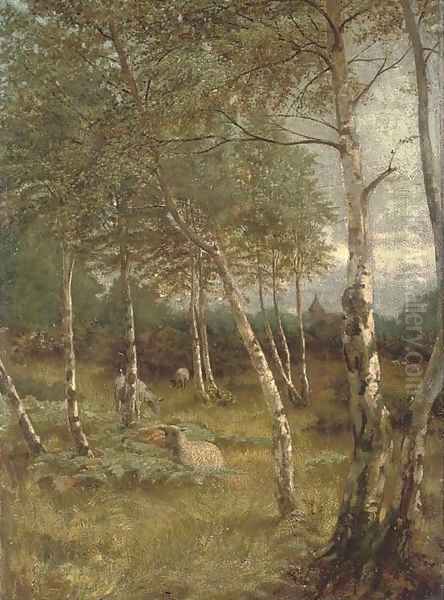 Sheep grazing among silver birch trees Oil Painting by John Theodore Heins