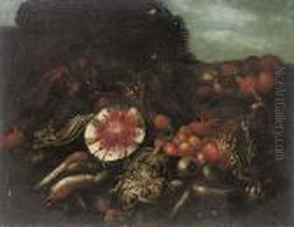 A Watermelon, Cabbages, 
Radishes, Peaches And Other Fruits And Vegetables, In A Landscape Oil Painting by Abraham Brueghel