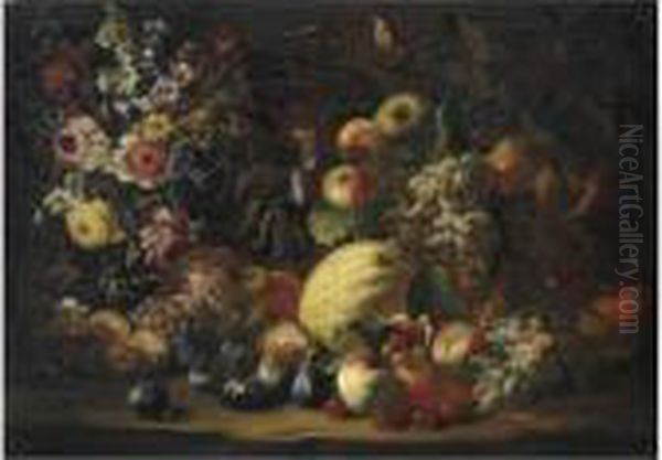 Natura Morta Di Frutta Con Vaso Di Fiori E Un Uccellino Oil Painting by Abraham Brueghel