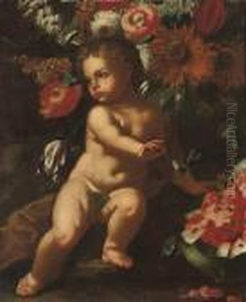 A Putto Surrounded By Flowers, By A Watermelon Oil Painting by Abraham Brueghel