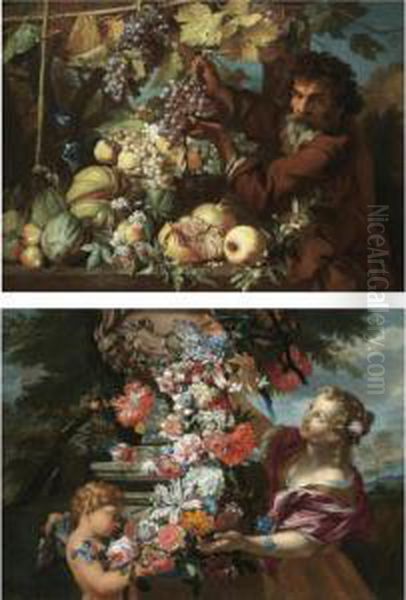 A Still Life With A Girl And 
Putto Adorning A Sculpted Urn With A Garland Of Flowers (spring); A 
Still Life Of Pomegranates, Melons, Pears, Plums And Morning Glory, With
 A Gardener Picking Grapes From A Vine (autumn) Oil Painting by Abraham Brueghel