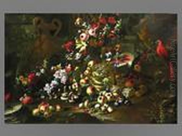 Fruchte, Pilze Und Blumenstillleben Mit Papagei Undamphore Oil Painting by Abraham Brueghel