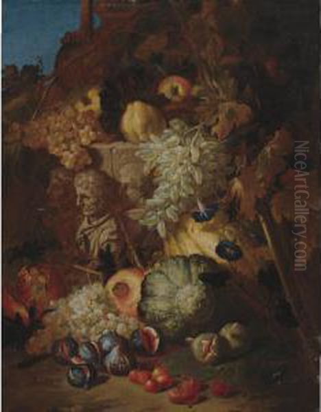 Still Life Of Fruit In A Landscape With The Fragment Of A Bas-relief Oil Painting by Abraham Brueghel