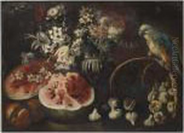 A Still Life With A Watermelon 
And Pomme Granates On A Wooden Table, A Vase With Tulips, Daffodils And 
Other Flowers And A Parrot On A Fallen Basket With Figs Oil Painting by Abraham Brueghel