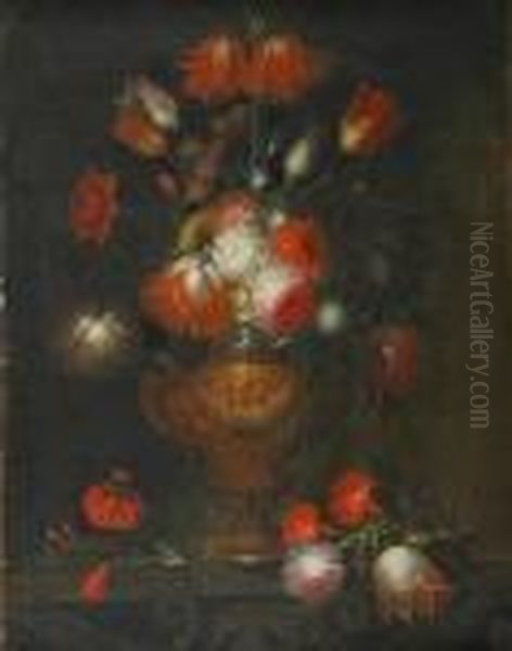 Still Life With Roses, Tulips, Carnations And Other Flowers In Avase Oil Painting by Abraham Brueghel