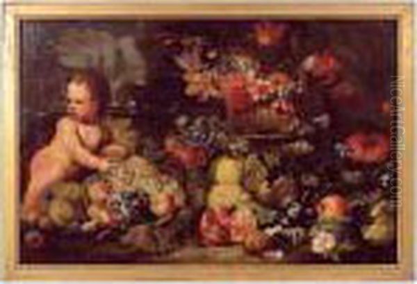 Nature Morte De Fruits Et Fleurs Avec Putto Oil Painting by Abraham Brueghel