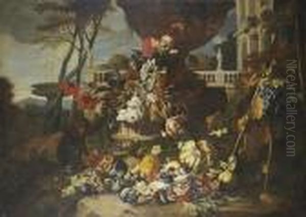 A Sculpted Urn With Tulips, 
Carnations, Morning Glory And Other Flowers With Pommegranates, Melons, 
Figs And Grapes, A Lizard And A Monkey On A Bank Before A Terrace, A 
Fountain Beyond Oil Painting by Abraham Brueghel