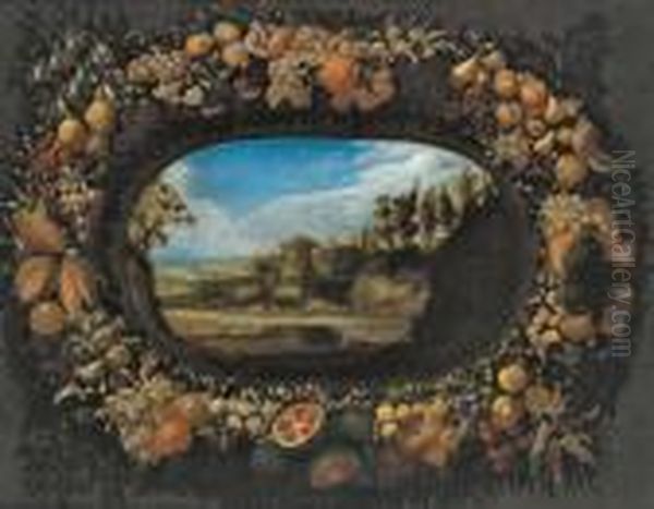 Paesaggio Meridionale Con Una 
Torre Visto Attraverso Una Finestra Ovale Circondata Da Una Corona Di 
Frutti Oil Painting by Abraham Brueghel