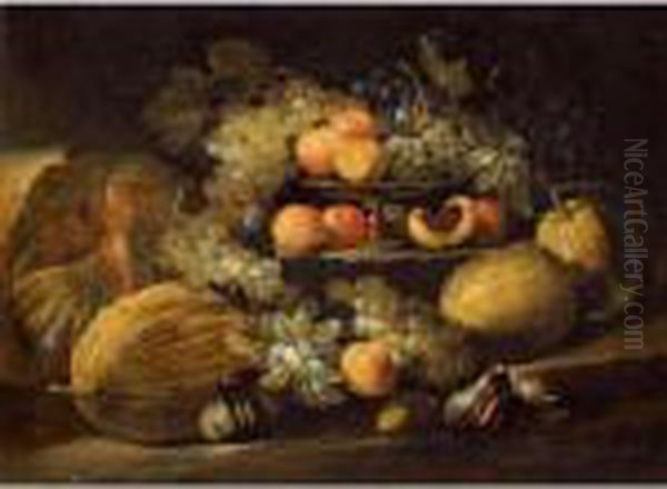 A Still Life Of Melons, Grapes, Figs And Apricots Arranged Over Some Stone Steps Oil Painting by Abraham Brueghel