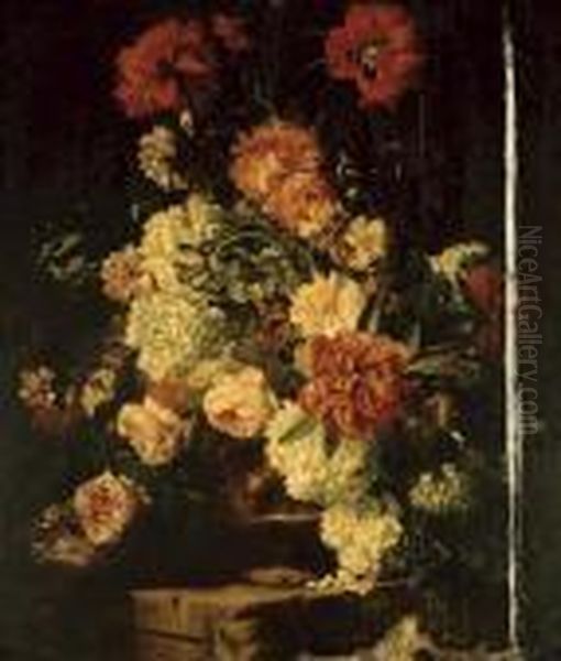 Peonies, Roses, Hydrangea, 
Carnations And Irises In A Sculpted Terracotta Urn On A Stone Ledge Oil Painting by Abraham Brueghel