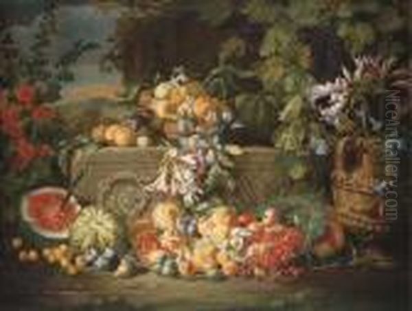 A Watermelon, Cherries, Peaches,
 Apricots, Plums, Pomegranate Andfigs With Lilies, Roses, Morning Glory 
And Other Flowers On Anacanthus Stone Relief, A Mountainous Landscape 
Beyond Oil Painting by Abraham Brueghel