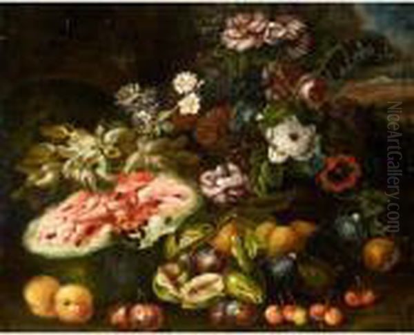 Still Life Life With Grapes, A 
Melon, Figs, Plums, Peaches And Various Flowers In A Landscape Oil Painting by Abraham Brueghel