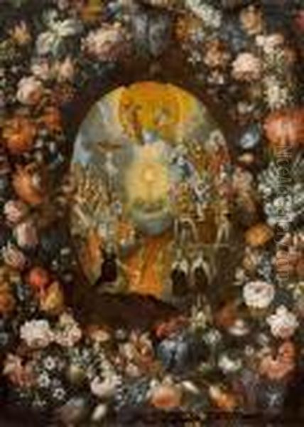 Blumenkranz Mit Heiliger Dreieinigkeit Und Heiligen. Oil Painting by Abraham Brueghel