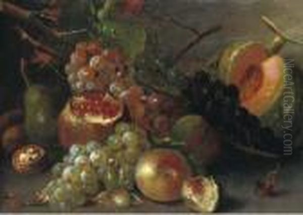 Grapes, A Melon, Cherries, A Walnut, A Pomegranate And Other Fruitson A Wooden Ledge Oil Painting by Abraham Brueghel