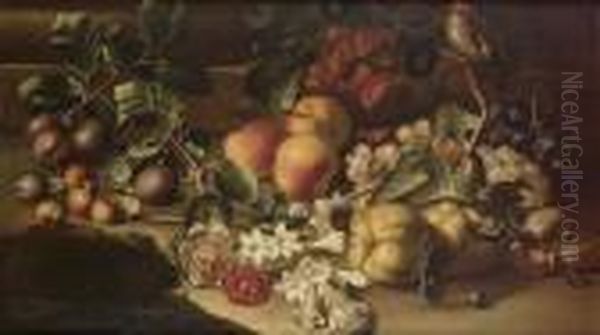 Plums, Peaches, A Pomegranate 
And Grapes Beside A Sprig Of Jasmine With A Goldfinch On A Rocky Ledge Oil Painting by Abraham Brueghel