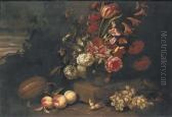 Roses, Tulips, Irises, 
Hydrangeas And Other Flowers In A Vase On Alow Plinth Flanked By Grapes 
And Peaches And Other Fruits With Thesky Beyond Oil Painting by Abraham Brueghel