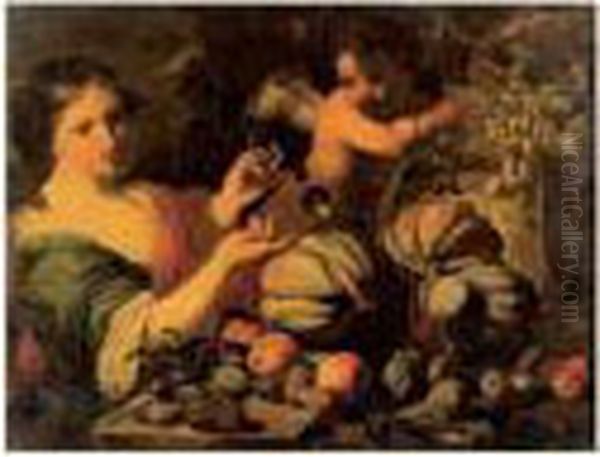 Nature Morte De Fruits, Avec Femme Et Amour Oil Painting by Abraham Brueghel