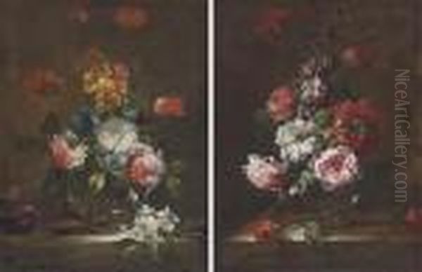 Poppies, Roses And Other Flowers
 In A Glass Vase On A Stone Ledge;and Marigolds, Roses And Other Flowers
 In A Glass Vase On A Stoneledge Oil Painting by Abraham Brueghel