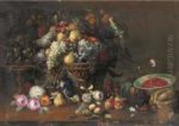 Pears, Grapes, Plums, Apricots 
And Other Fruit And A Parrot In Abasket, Figs On A Silver Tazza, 
Cherries In A Porcelain Bowl Withother Fruit And Flowers On A Wooden 
Ledge Oil Painting by Abraham Brueghel