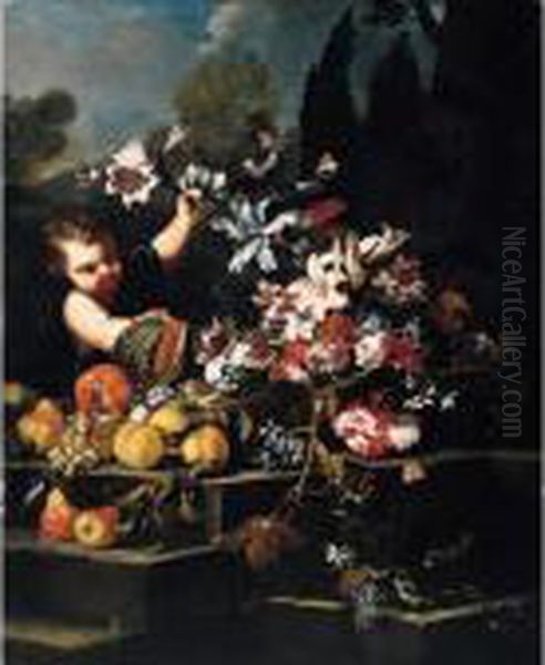 A Young Boy Arranging Flowers In
 An Urn With Peaches, Pears, Grapes, A Pomegranate And A Melon On A 
Stone Steps In A Garden Oil Painting by Abraham Brueghel