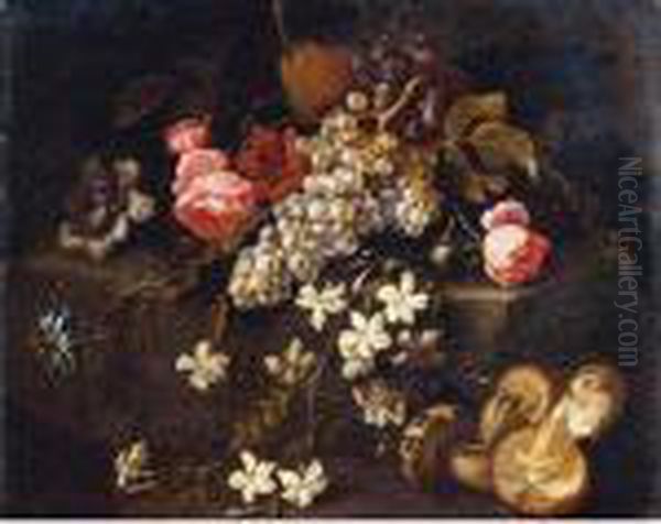 Still Life Of Fruit And Flowers 
Resting On A Stone Ledge With Mushrooms In The Foreground Oil Painting by Abraham Brueghel