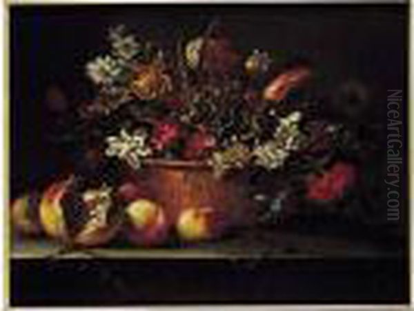 Bouquet De Fleurs Sur Un Entablement Avec Des Grenades Oil Painting by Abraham Brueghel