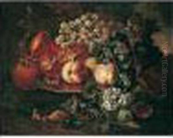 Still Life Of Peaches, 
Pomegranates And Grapes Upon A Pewter Plate, Together With Figs And 
Roses Oil Painting by Abraham Brueghel