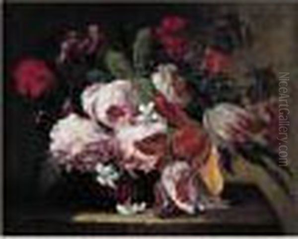 Nature Morte Au Panier De Fleurs Sur Un Entablement Oil Painting by Abraham Brueghel