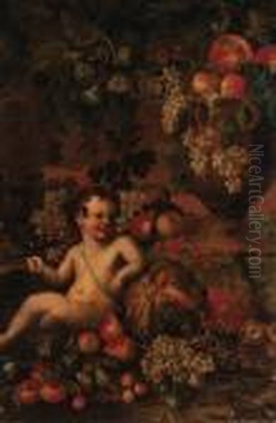 A Putto Amongst Fruit In A Landscape, With Fruit In An Urn Beyond -a Fragment Oil Painting by Abraham Brueghel