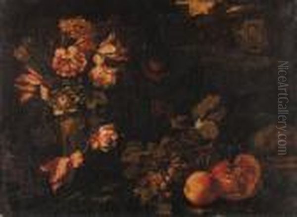 Tulips, Narcissi, Marigolds And 
Other Flowers In An Urn, Withgrapes, A Pomegranate, An Apple And Other 
Fruit On A Ledge, Anornamental Garden Beyond; And Grapes, Pomegranates, A
 Slicedwatermelon, Figs, Apples And Other Fruit On A Forest Floor 
Besid Oil Painting by Abraham Brueghel