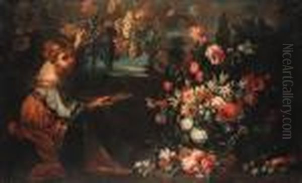 A Girl Picking Grapes, By A 
Bunch Of Roses, Narcissi, Poppies,carnations, Lilies, Morning Glory, 
Chrysanthemum And Other Flowersin An Ornamental Vase With Plums And 
Apples, In A Landscape; And Agirl With An Infant Arranging A Still Life 
Of Roses,  Oil Painting by Abraham Brueghel