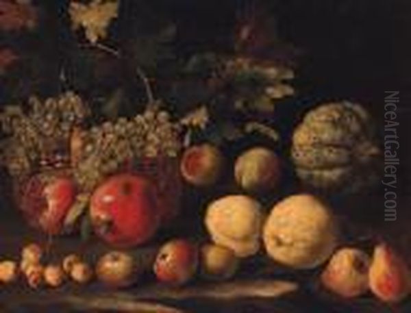 Grapes In A Basket With A Melon, Pomegranates, Peaches, Pears,apples And Cherries Oil Painting by Abraham Brueghel