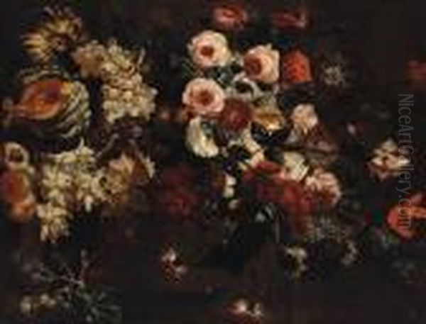 Roses, Carnations, Peonies And 
Other Flowers In An Urn With Grapes,a Melon And Peaches On A Ledge Oil Painting by Abraham Brueghel