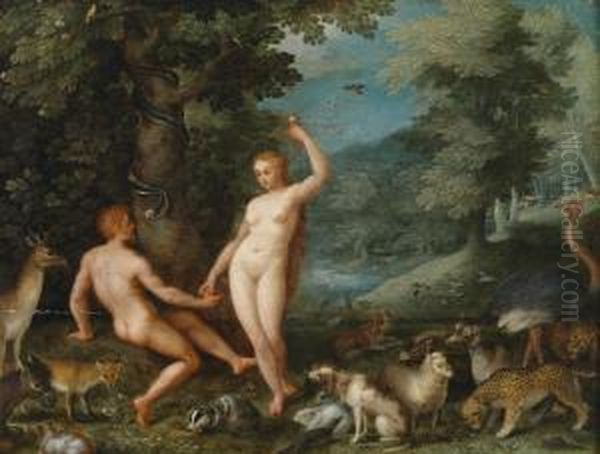 Paradise Landscape With Eve Tempting Adam Eve Oil Painting by Jan The Elder Brueghel